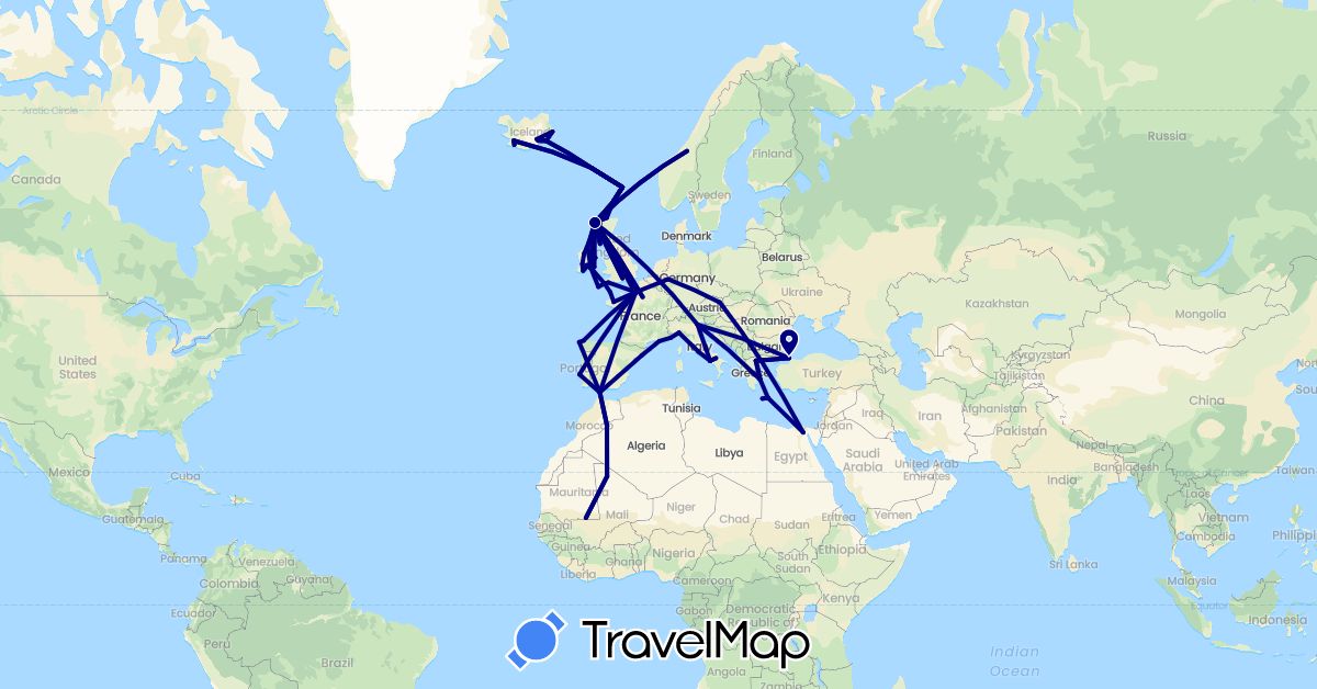 TravelMap itinerary: driving in Austria, Germany, Egypt, Spain, Faroe Islands, France, United Kingdom, Guernsey, Greece, Ireland, Iceland, Italy, Morocco, Monaco, Mali, Mauritania, Norway, Portugal, Turkey (Africa, Asia, Europe)