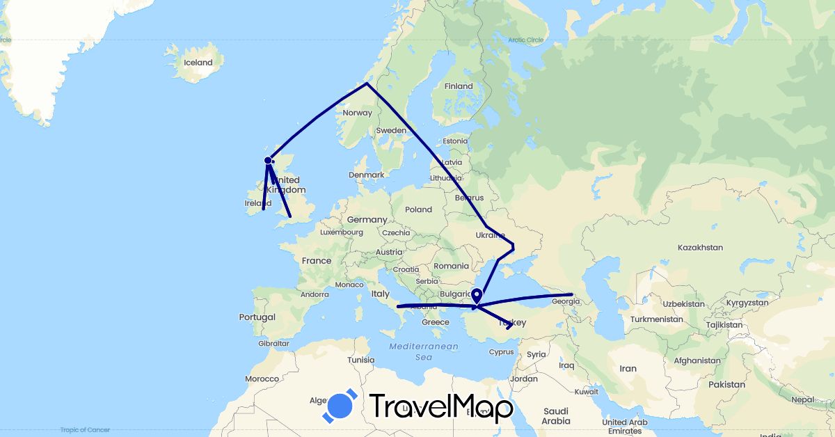 TravelMap itinerary: driving in United Kingdom, Georgia, Ireland, Italy, Norway, Sweden, Turkey, Ukraine (Asia, Europe)
