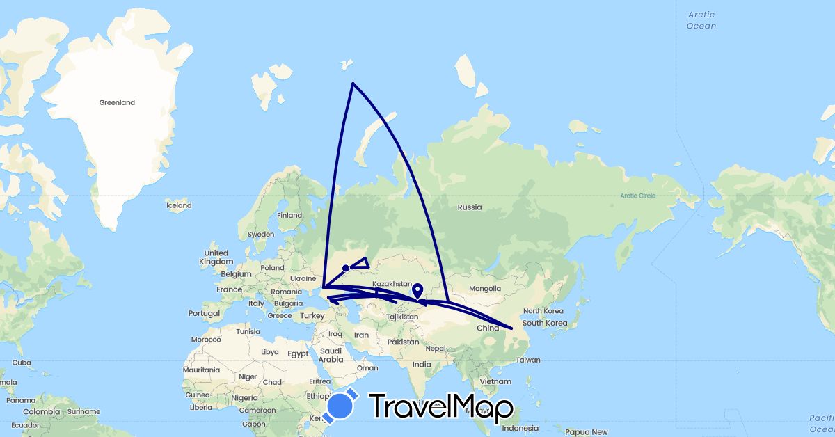 TravelMap itinerary: driving in China, Georgia, Kazakhstan, Russia (Asia, Europe)